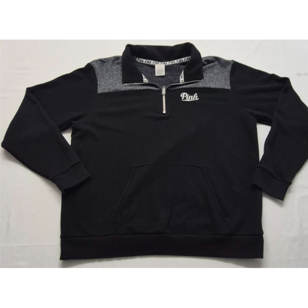Pink VS women's Black pullover‎ 1/4 zip front pocket sweatshirt LG fleece